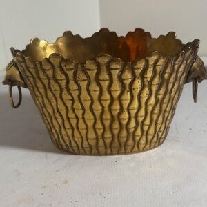 VTG Solid Brass Scalloped Cache pot With Faux Bamboo Faux Lionhead Ring Handles.